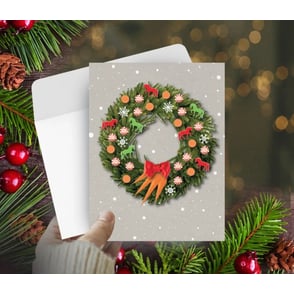 Christmas Card: Wreath with Peppermints, Carrots & Horses.