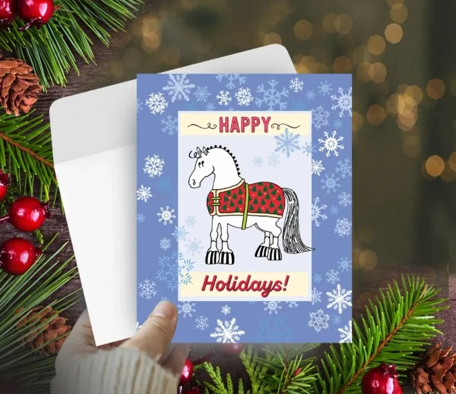 Christmas Card: Pudgy Pony with Snowflakes