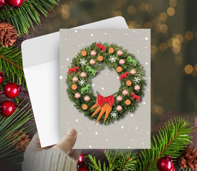 Christmas Card: Wreath with Peppermints, Carrots & Horses.